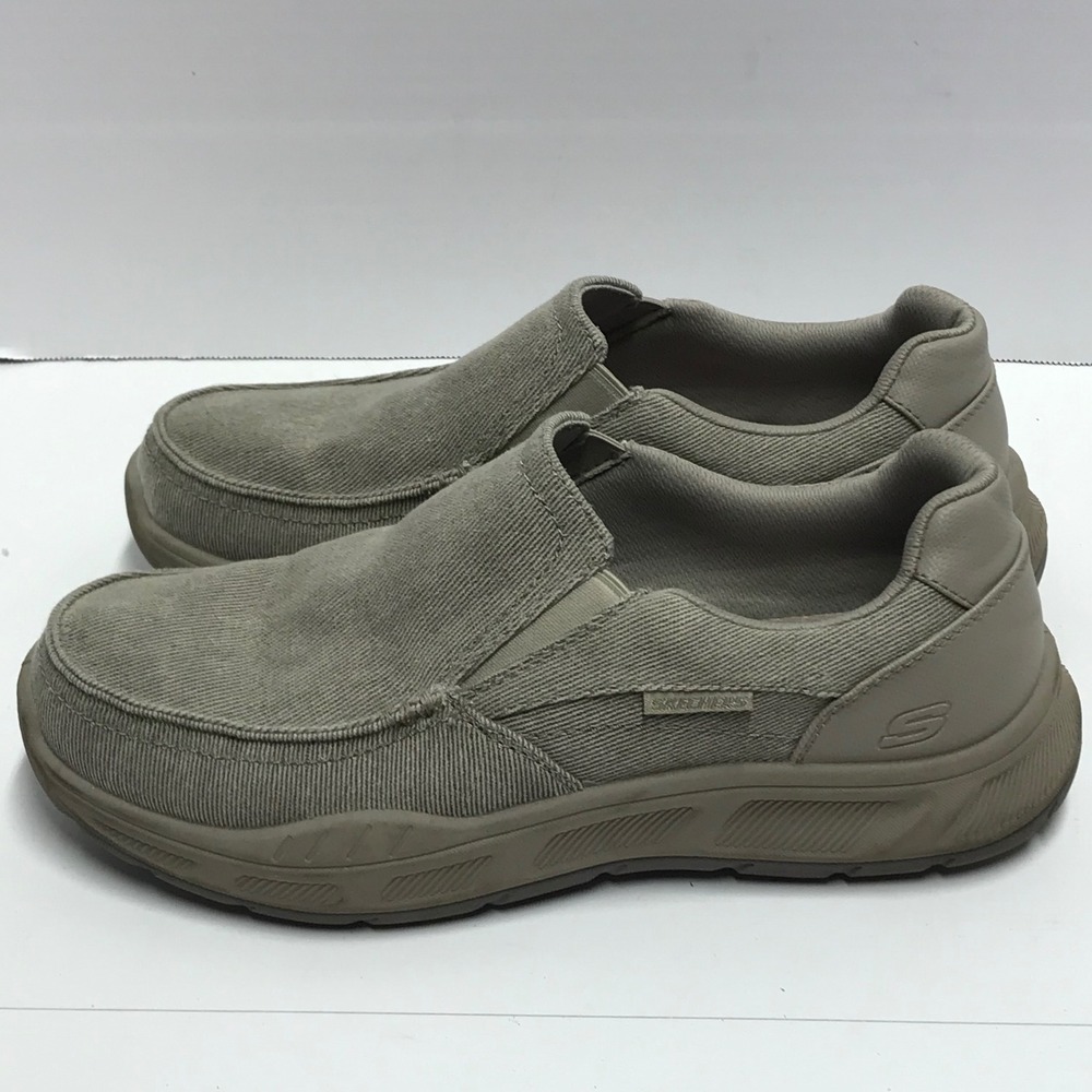 Skechers Mens‎ relaxed fit Canvas Slip On Loafers Khaki Tan Moc Toe Casual Shoes - Picture 2 of 13